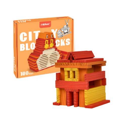 Dřevěné stavební kostky CITY BLOCKS - hřejivé barvy -100 dílků