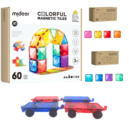 SADA Stavebnice 60 ks + Magnetické dílky CELKEM 100 ks + Podvozky 4 ks